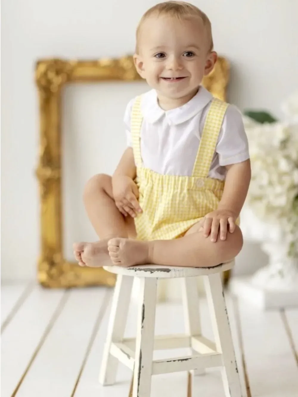 Luli & Me Yellow Gingham Baby Suspender Romper